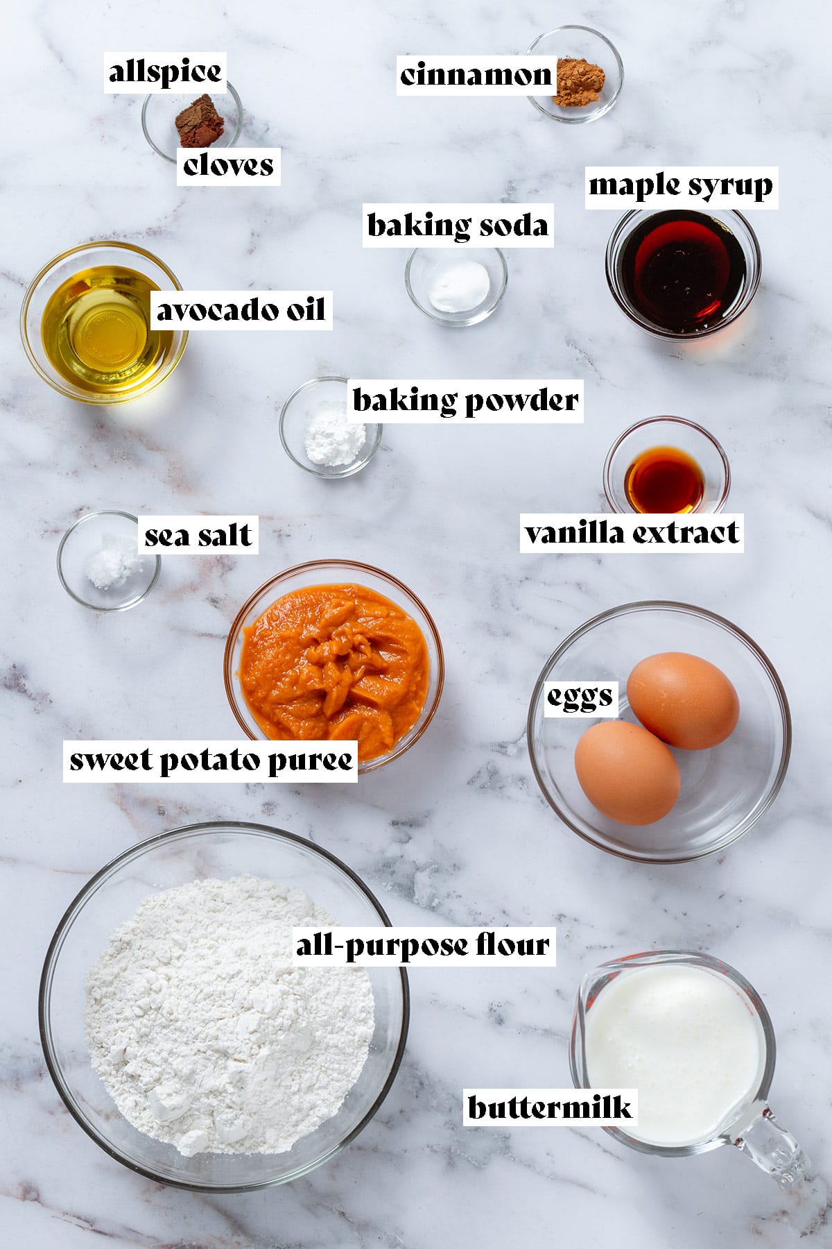 Ingredients like flour, eggs, sweet potato puree, spices, and other ingredients in small glass bowls with text overlay.
