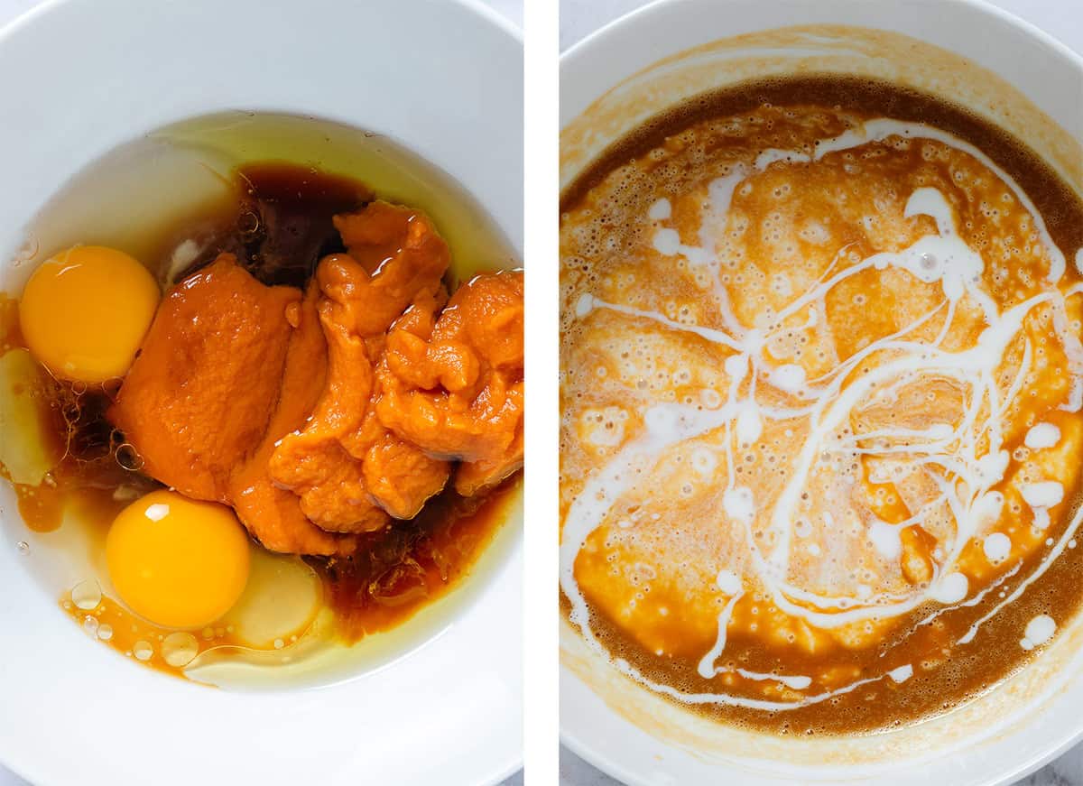 Eggs, sweet potato puree, oil, and vanilla extract in a white bowl on the left and after whisking with added buttermilk on the right.