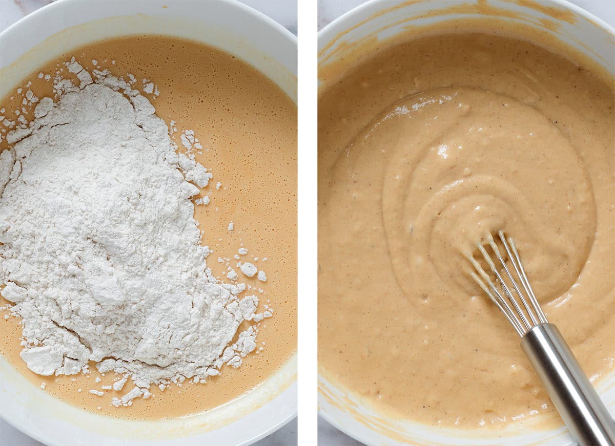 Wet ingredients with dry ingredients before and after whisking together in a white bowl.