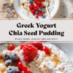 White Greek yogurt chia pudding topped with fresh blueberries, raspberries, currants, maple syrup, and cinnamon in two white bowls with silver spoons.