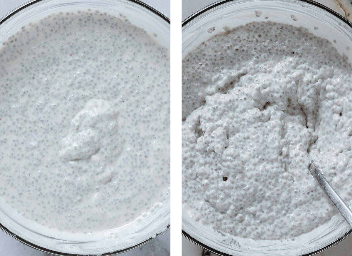 White creamy chia pudding in a glass bowl before and after soaking and becoming thicker.