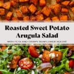 Arugula salad with diced roasted sweet potatoes with kalamata olives, feta, cherry tomatoes, sunflower seeds, and red onion drizzled with vinaigrette in a white bowl.