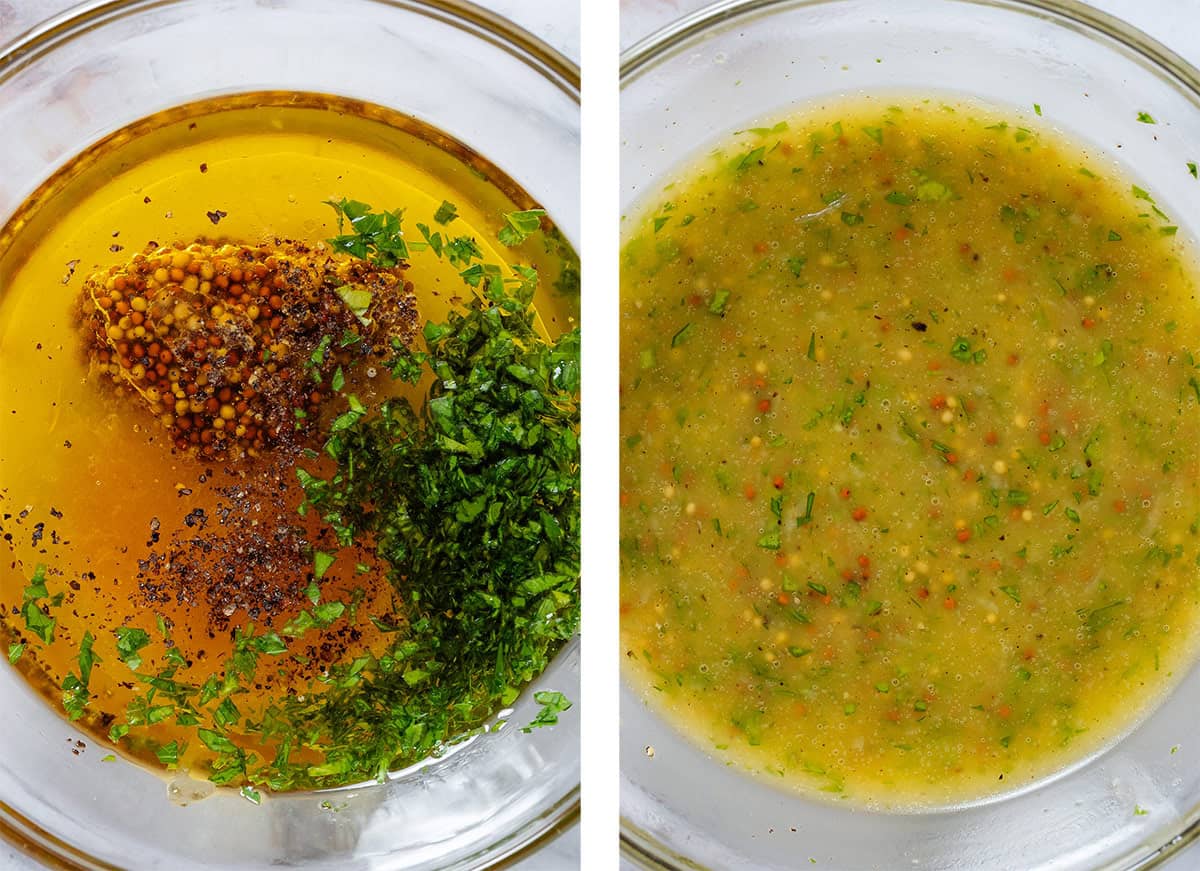 A small glass bowl with olive oil, whole grain mustard, honey, black pepper, and parsley before and after whisking.
