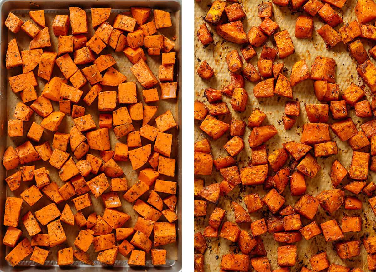 Diced sweet potatoes with spices on a baking sheet with parchment paper before and after roasting.