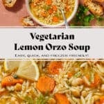 Orzo soup with carrots and chickpeas in a low bowl garnished with lemon triangles, black pepper, and fresh dill.