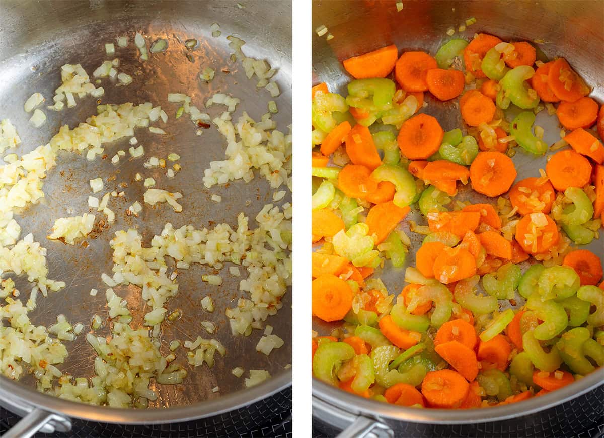 Diced yellow onion cooking in a soup pot on the left and with added chopped carrots and celery on the right.