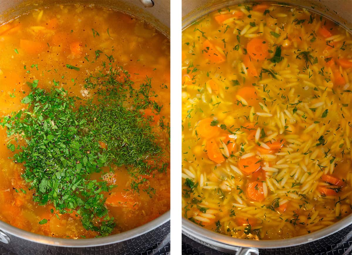 Finished orzo soup in a large pot with finely chopped fresh parsley and dill being stirred in.