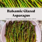 Sauteed balsamic glazed asparagus in a pink low bowl sprinkled with flaky sea salt and chopped parsley.