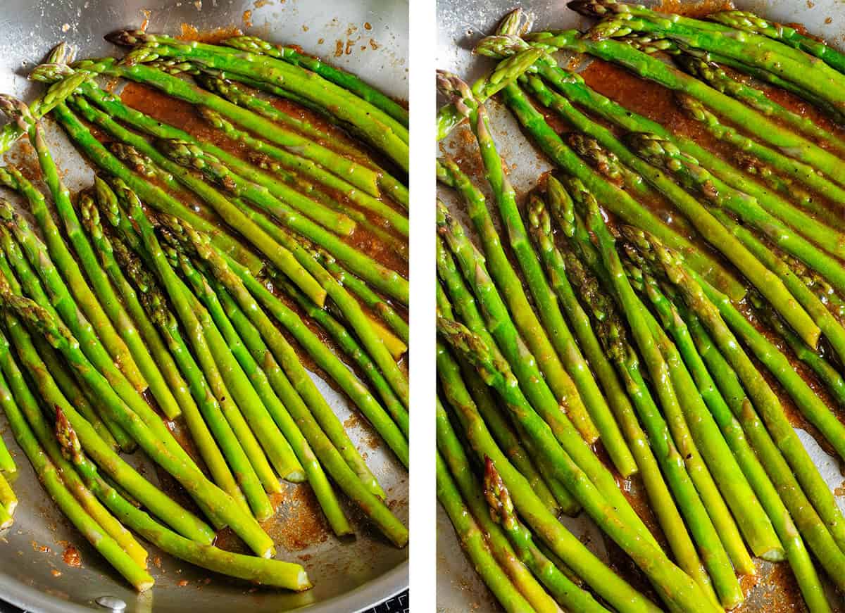 Asparagus cooking in a large pan with balsamic sauce.