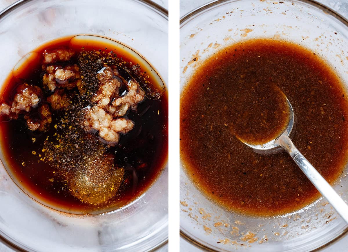 Blsamic glaze sauce ingredients in a glass bowl before and after whisking.