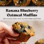 A hand grabbing a banana blueberry muffin with more muffins around with text overlay.