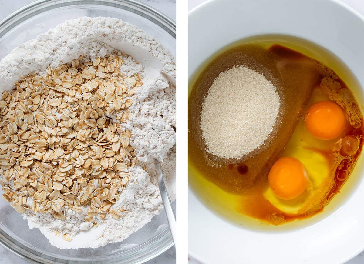 Flour and oats in a glass bowl on the left and cane sugar, eggs, oil, and vanilla extract in a white bowl on the right.