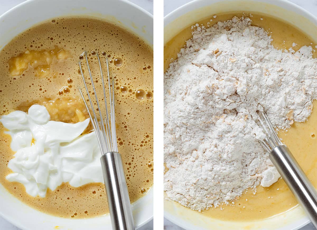 Wet ingredients with added yogurt and mashed banana on the left and with flour on the right.