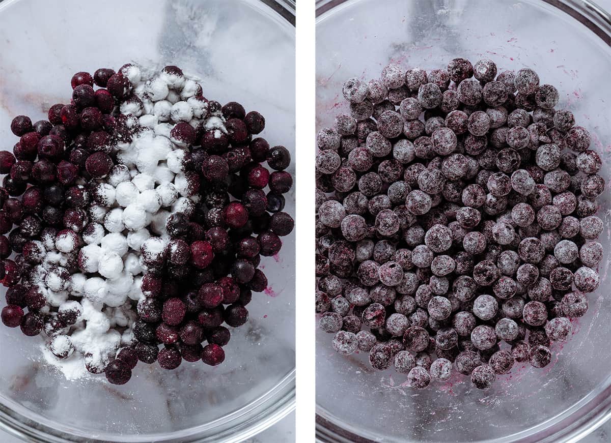 Frozen blueberries in a glass bowl with tapioca starch before and after tossing the two together.