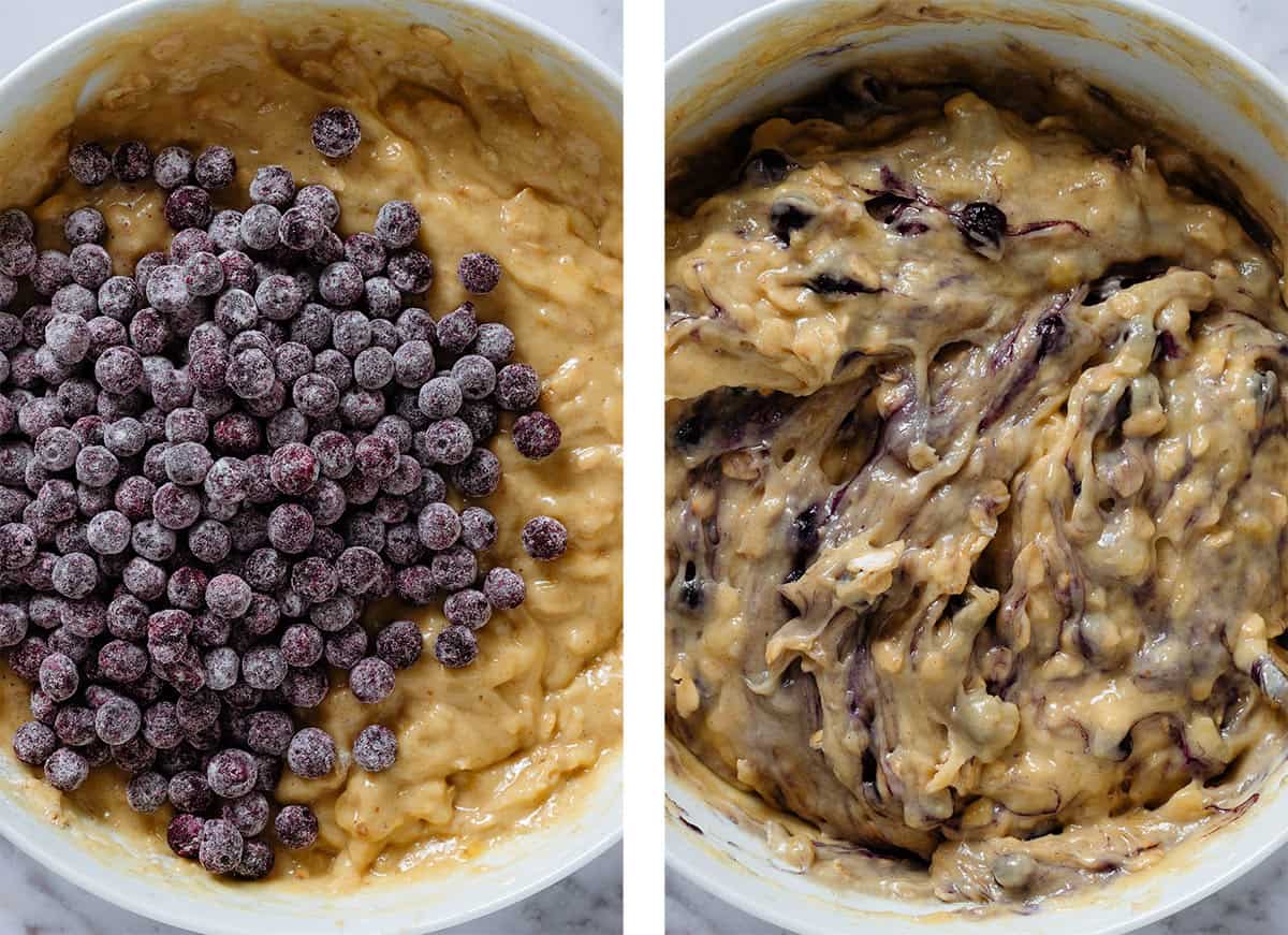 Muffin batter with frozen blueberries before and after folding them in.