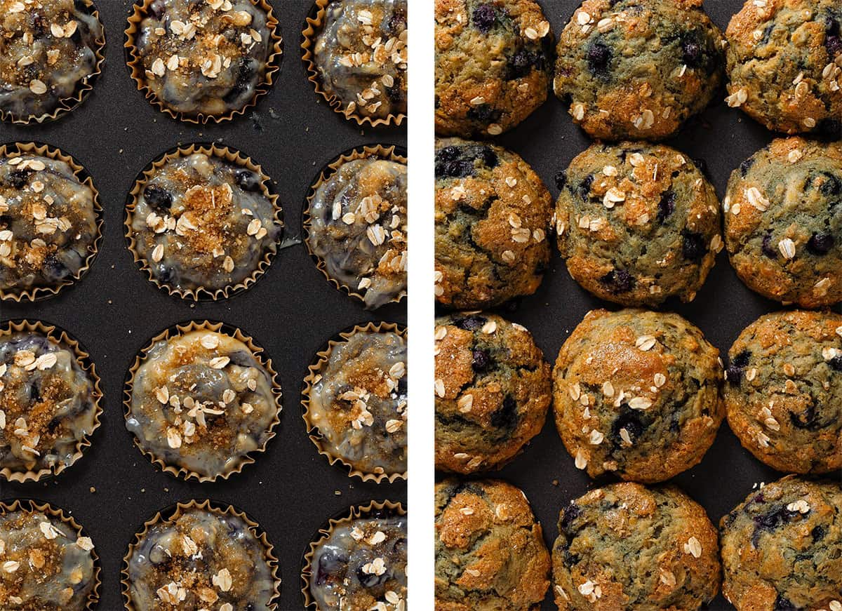 Muffins with blueberries sprinkled with oats in a muffin pan before and after baking.
