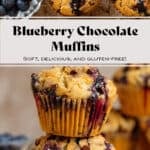 Two blueberry chocolate chip muffins stacked on the bottom and more on a wire rack on top.