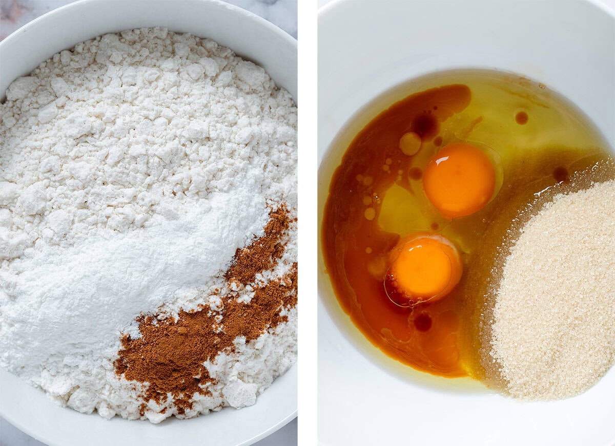 Flour and spices in a white bowl on the left and eggs, sugar, oil, and vanilla extract in a bowl on the right.