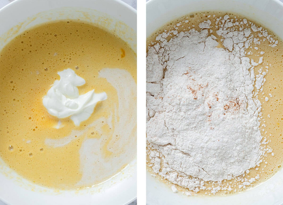 Whisked wet ingredients in bowl with added yogurt and milk on the left and with flour on the right before whisking it in.