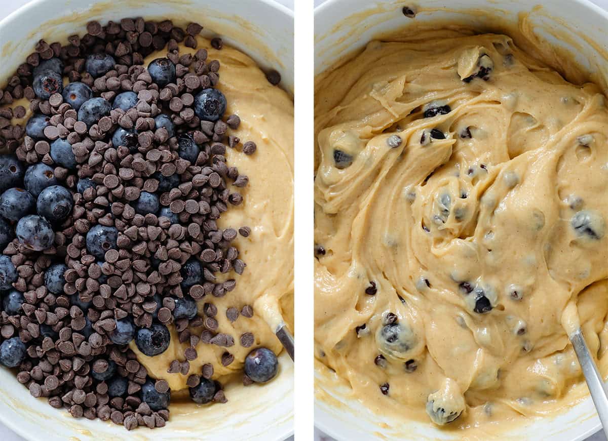 Muffin batter with fresh blueberries and mini chocolate chips before and after folding them in.
