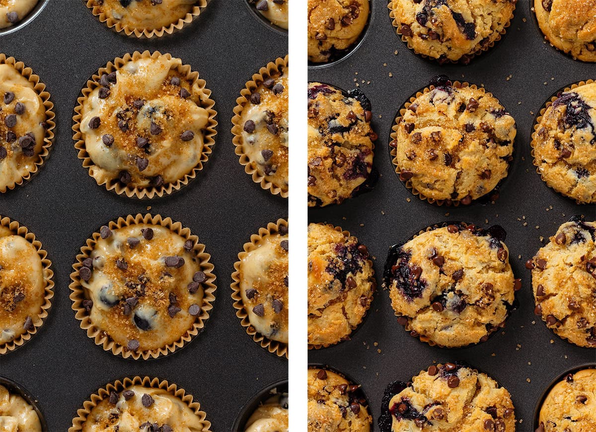 Blueberry chocolate chip muffins in a muffin pan before and after baking.