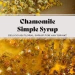 Dried chamomile flowers with sugar and water in a small pot on the stove before simmering on top and while steeping on the bottom.