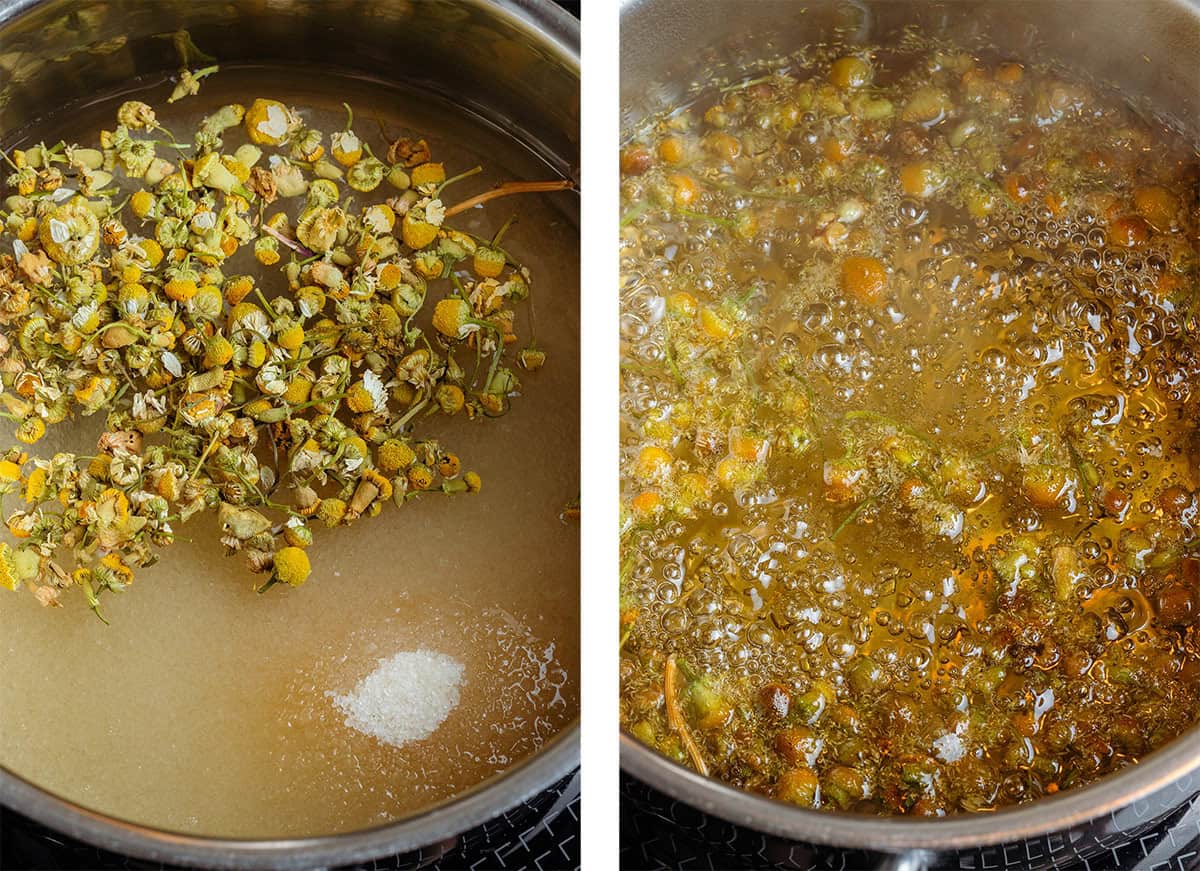 Dried chamomile flowers simmering in a small pot on the stove with water and sugar to make syrup.