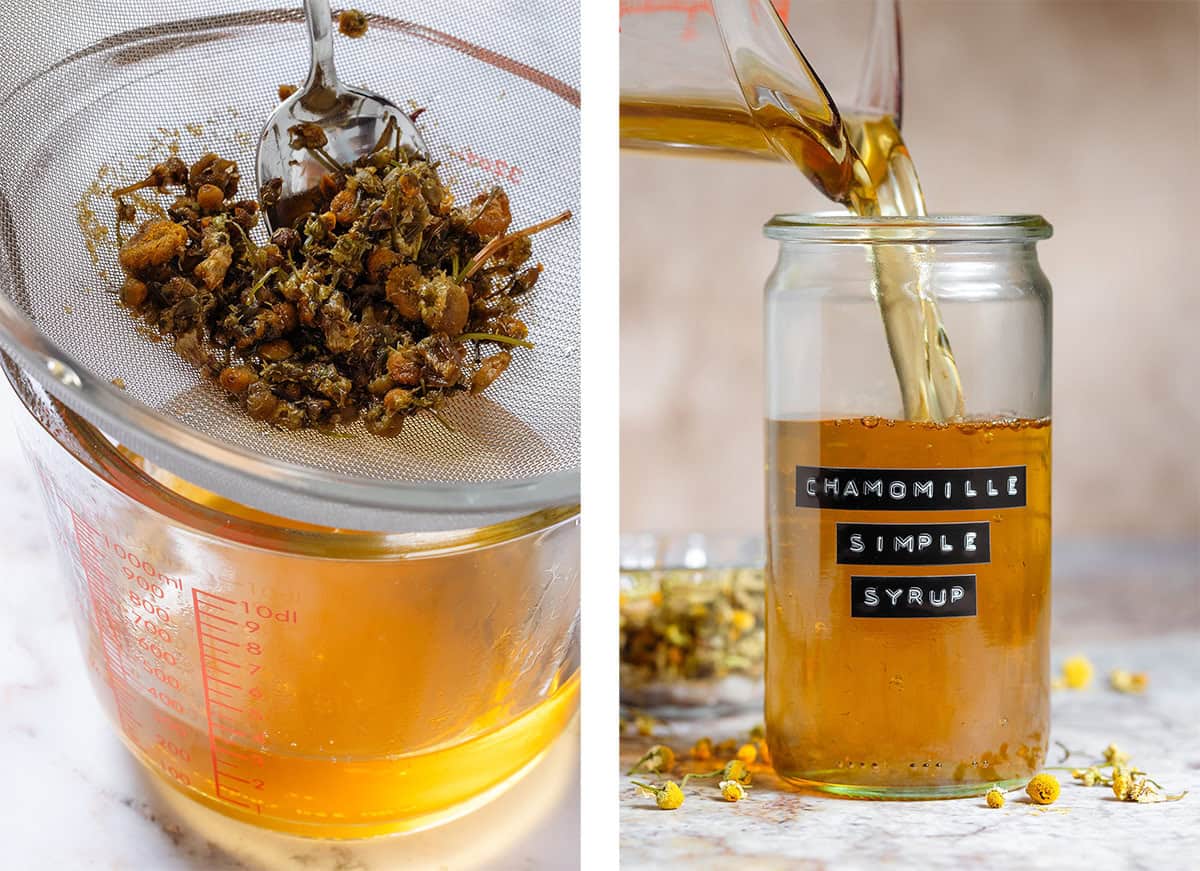 Golden chamomile simple syrup being strained into a glass measuring cup and poured into a tall glass jar with an embossed label.