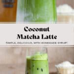 Iced matcha latte in a tall glass with a glass straw and shredded coconut in the background.
