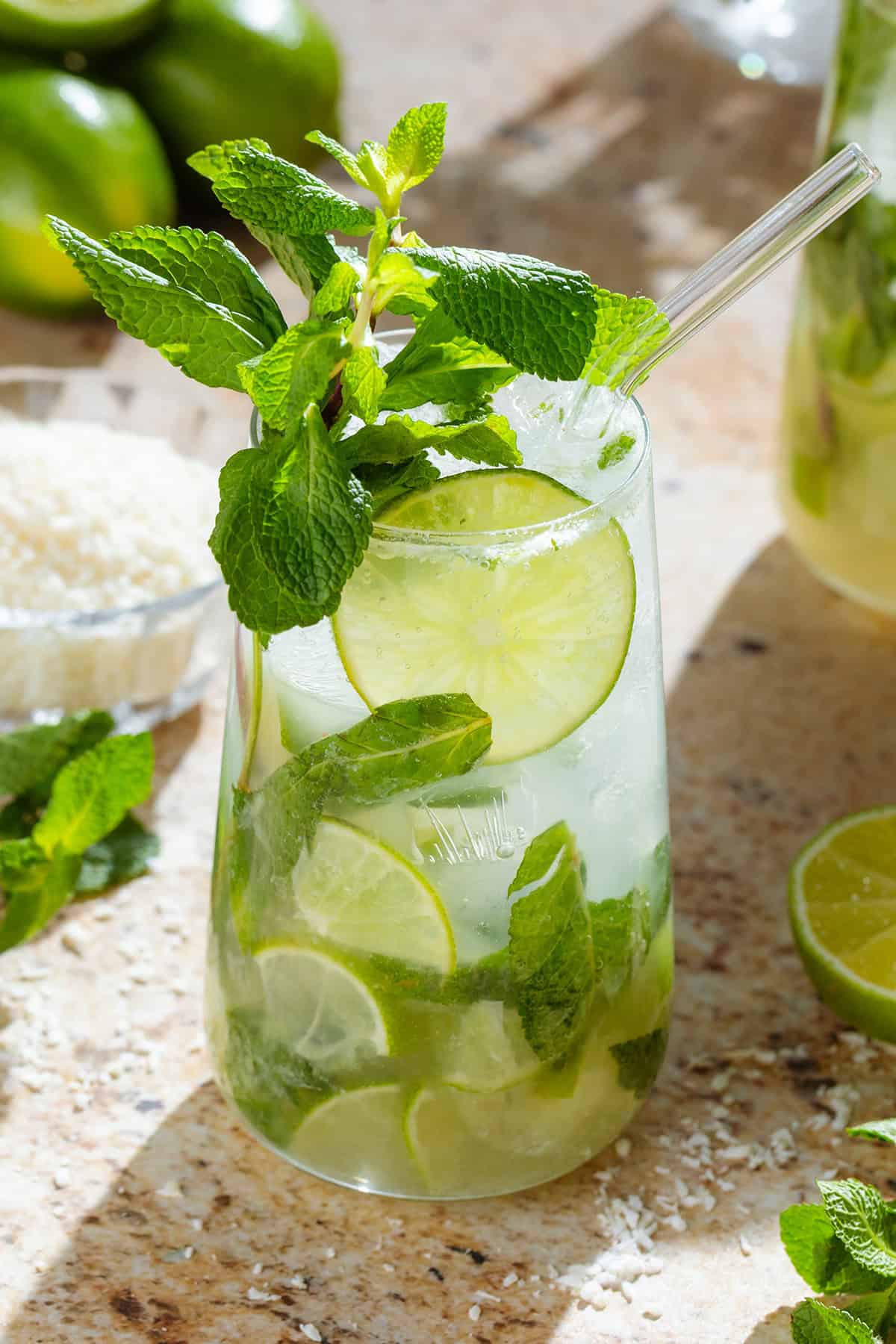 A tall glass with coconut mojito garnished with fresh mint leaves, a lime slice, and a glass straw with shredded coconut and limes in the background.