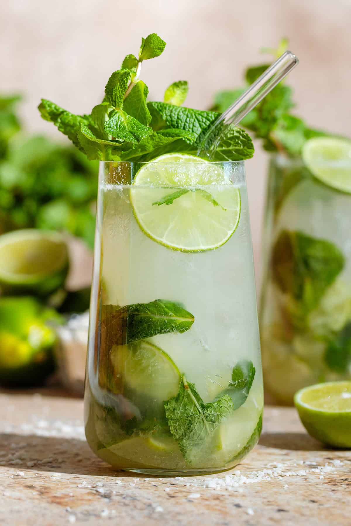 Two tall glasses with coconut mojito garnished with fresh mint leaves, a lime slice, and a glass straw with shredded coconut, limes, and mint in the background.