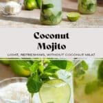Two tall glasses with coconut mojito garnished with fresh mint leaves, a lime slice, and a glass straw with shredded coconut, limes, and mint in the background.