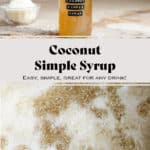 Coconut syrup in a glass jar on top and the syrup simmering on the bottom.