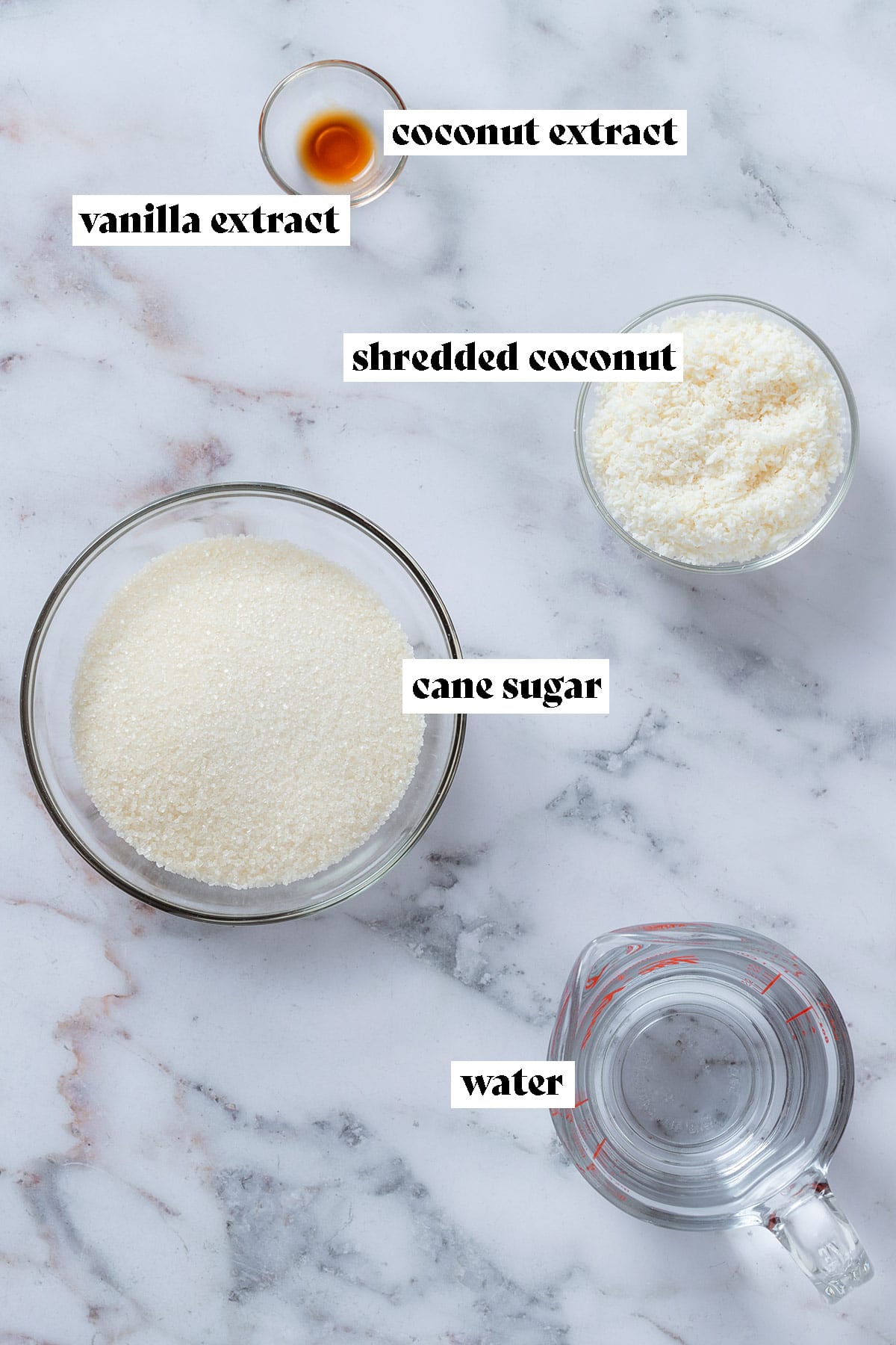 Glass bowls with cane sugar, shredded coconut, vanilla extract, and water with text overlay.