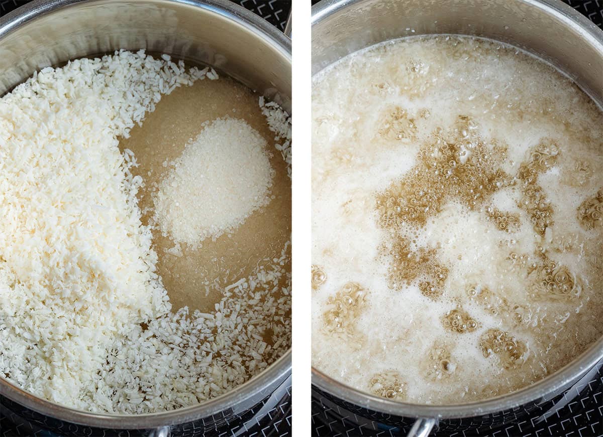 Shredded coconut, cane sugar, and water simmering in a small pot on the stove.