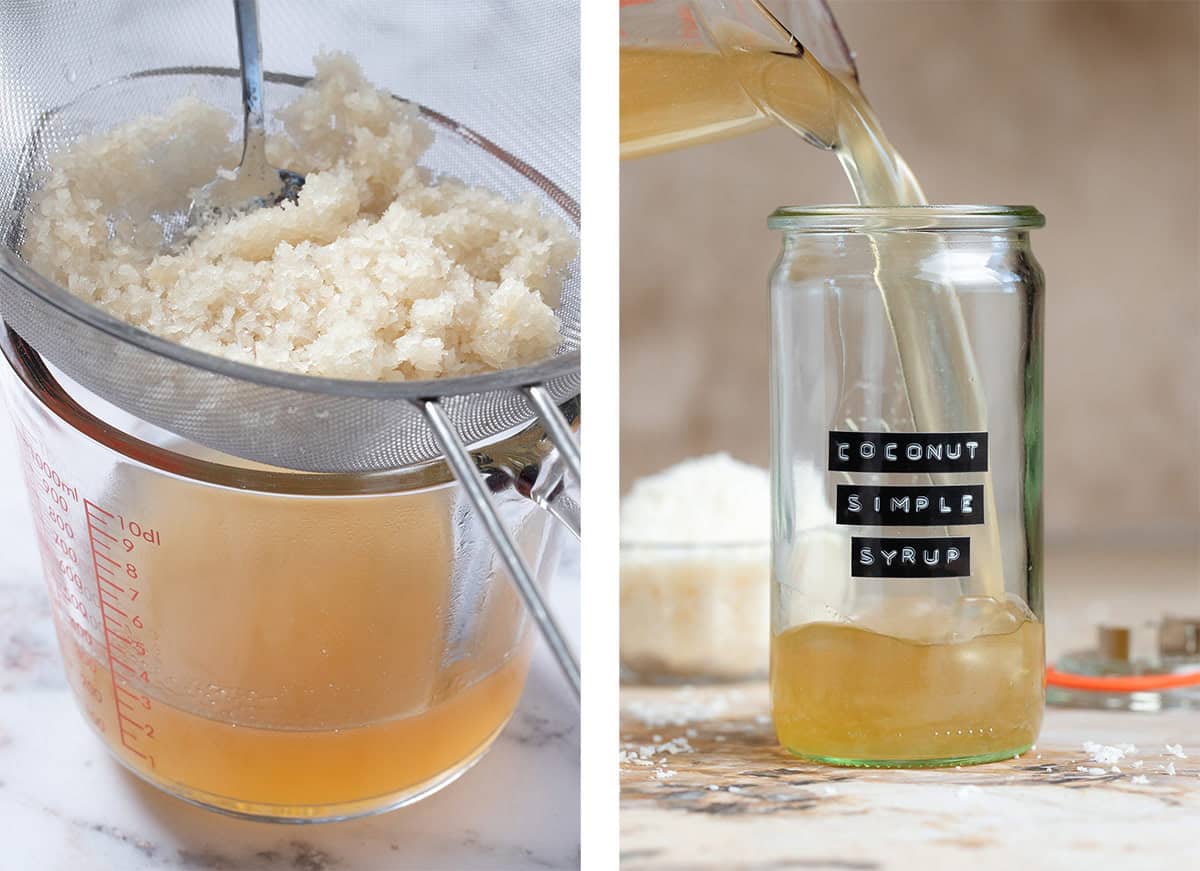 Coconut syrup being strained through a fine mesh strainer into a glass measuring cup and poured into a tall glass jar.
