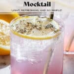 Light pink drinks in short glasses garnished with slices of lemon, dried lavender, and with gold straws.