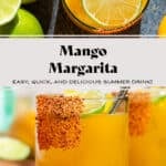 Bright orange mango margarita with ice in a short glass with a tajin rim, garnished with a slices of lime and mango, and with a gold straw.