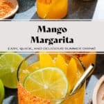 Bright orange mango margarita with ice in a short glass with a tajin rim, garnished with a slices of lime and mango, and with a gold straw.