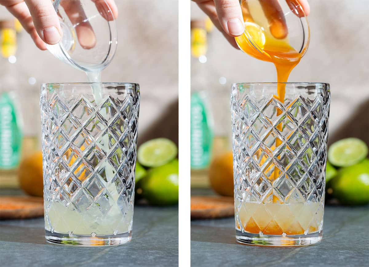 Lime juice and mango syrup being poured into a glass cocktail shaker.