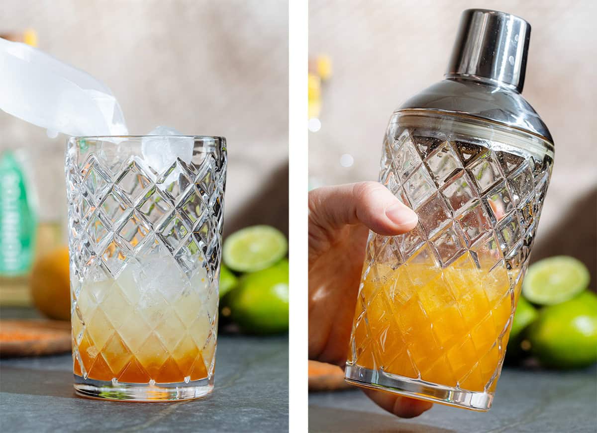 Ice being added to a glass cocktail shaker with other ingredients on the left and after shaking it on the right.