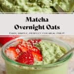 Matcha chia pudding in a small glass jar garnished with sliced strawberries and seeds with a spoon in the jar.