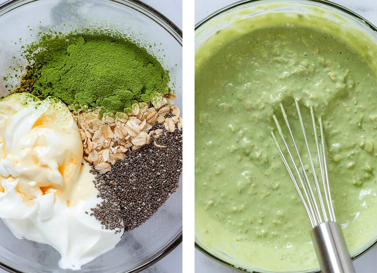 Oats, chia seeds, yogurt, and sifted matcha in a glass bowl before and after whisking with milk into creamy oatmeal.