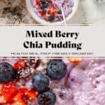 Light purple chia pudding with mixed berries in a low white bowl topped with fresh blueberries, cherries, and chopped strawberries.