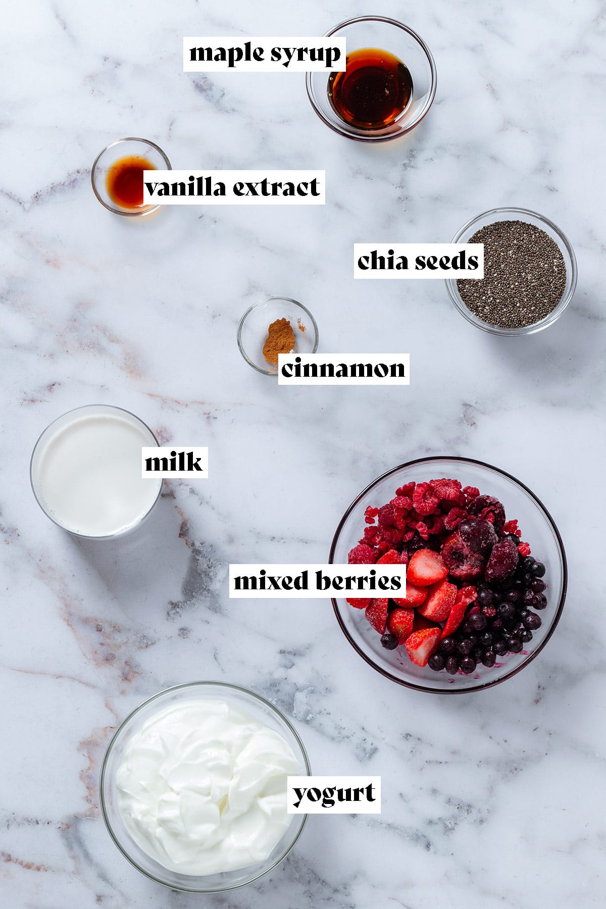 Ingredients like mixed berries, yogurt, milk, chia seeds, maple syrup, and spices in small glass bowls with text overlay.