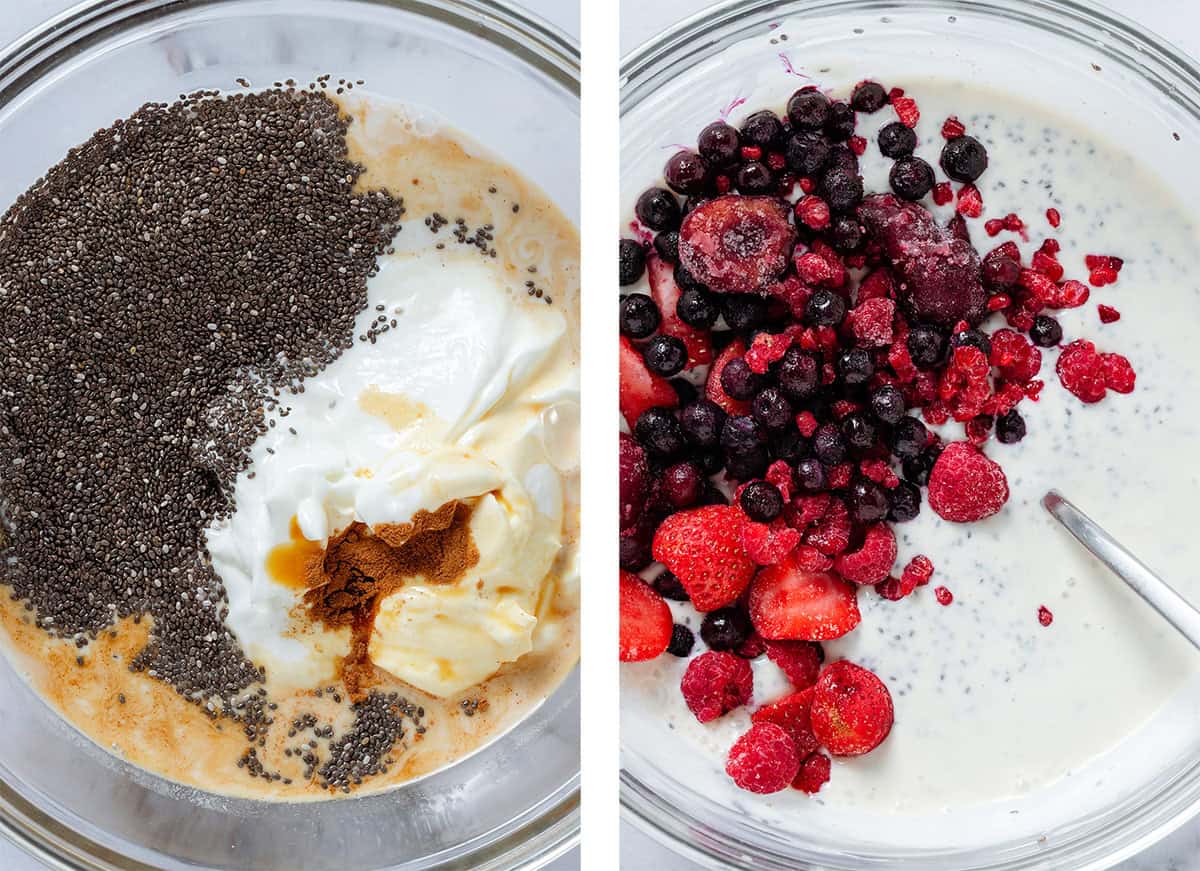 Chia seeds, yogurt, milk, and spices in a glass bowl on the left and the ingredients whisked on the right with added mixed frozen berries on top.