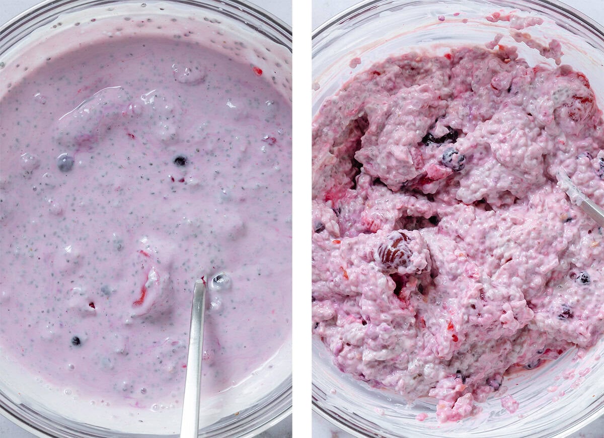 Light purple chia pudding with mixed berries in a glass bowl before and after soaking in the fridge overnight and thickening up.
