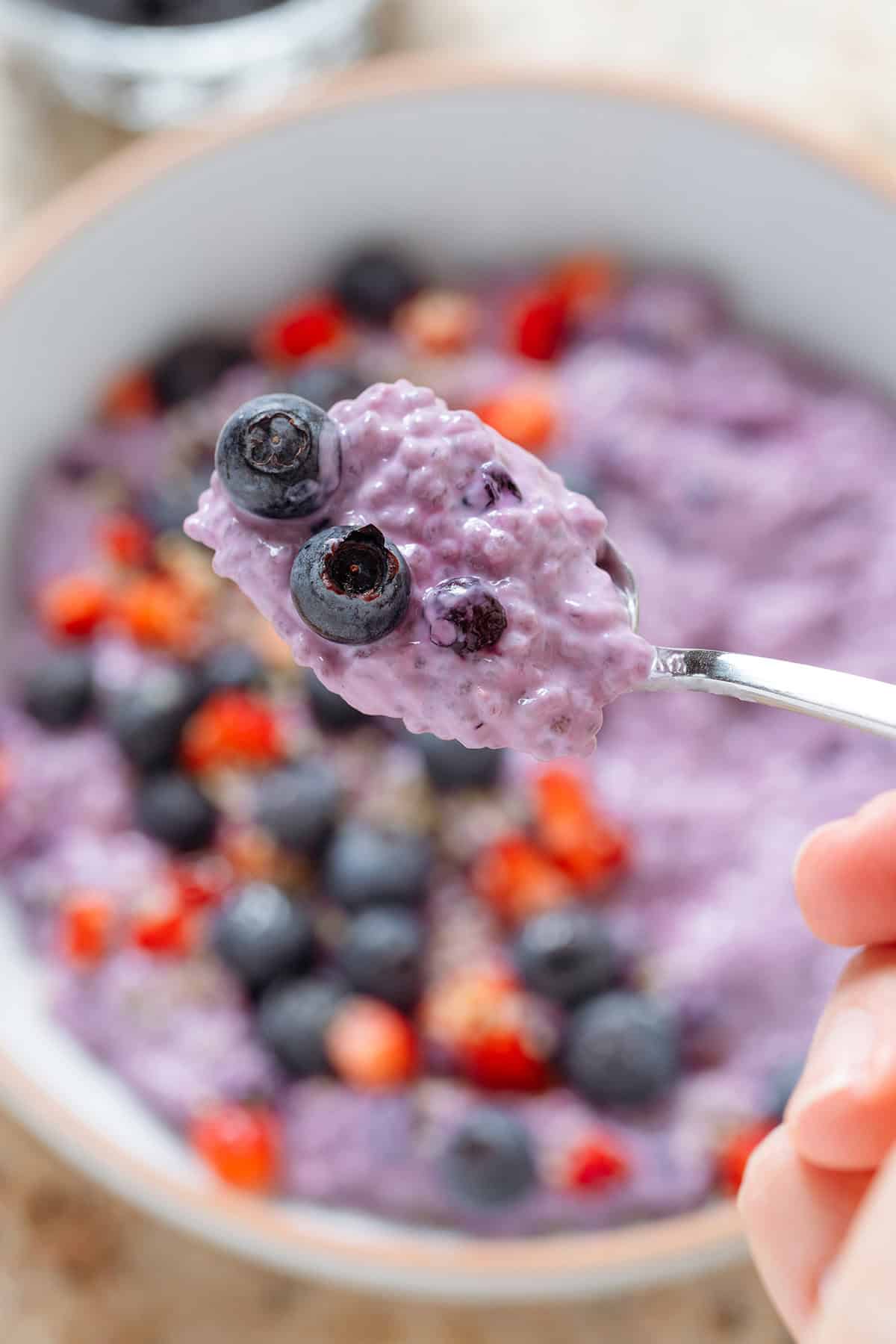 A hand holding a spoon with blueberry chia pudding over a white bowl of the pudding.