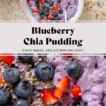 Bright purple blueberry chia pudding in a low white bowl garnished with fresh blueberries and diced strawberries and with a spoon in the bowl.