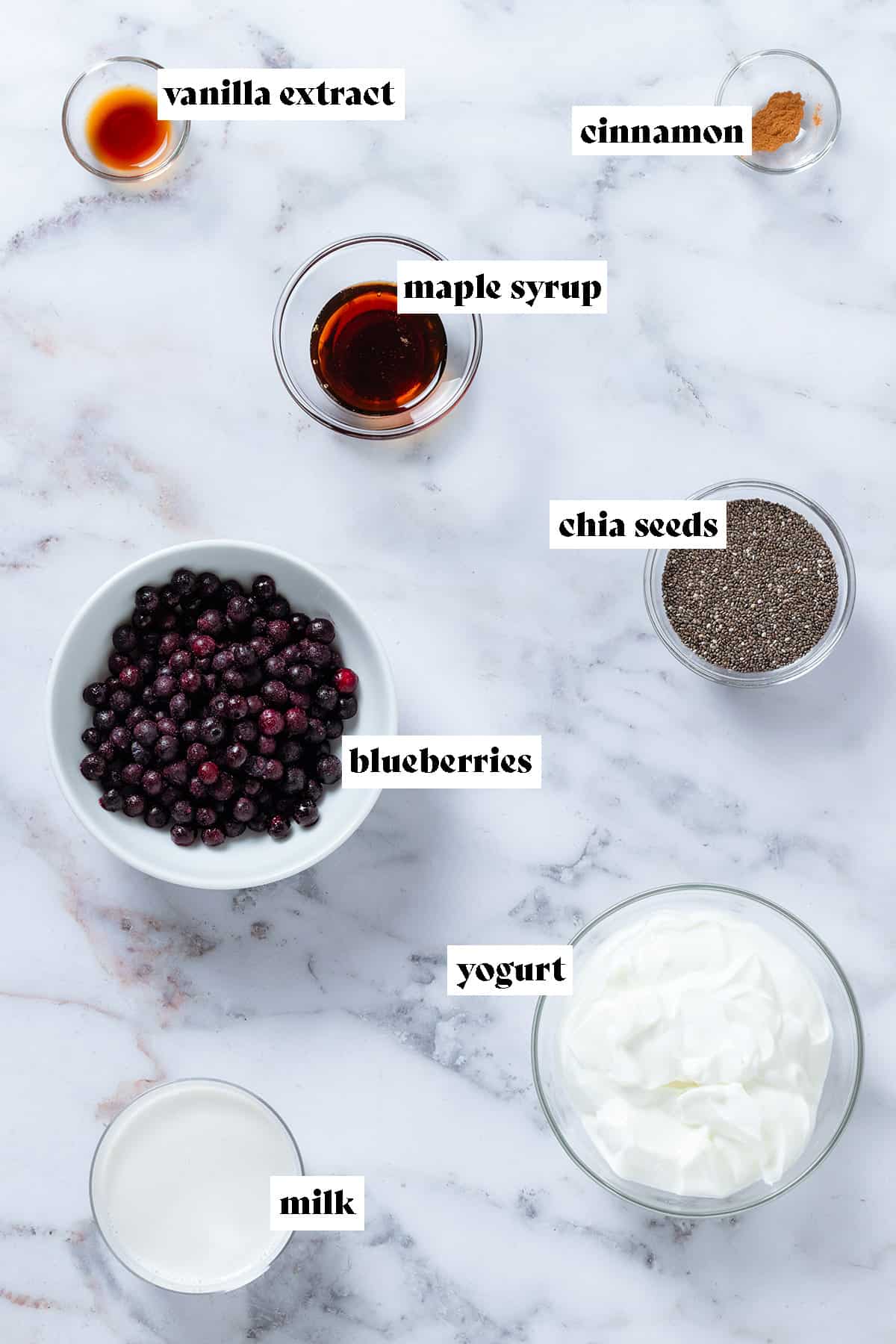 Ingredients in glass bowls like yogurt, blueberries, chia seeds, milk, maple syrup and vanilla extract with text overlay.